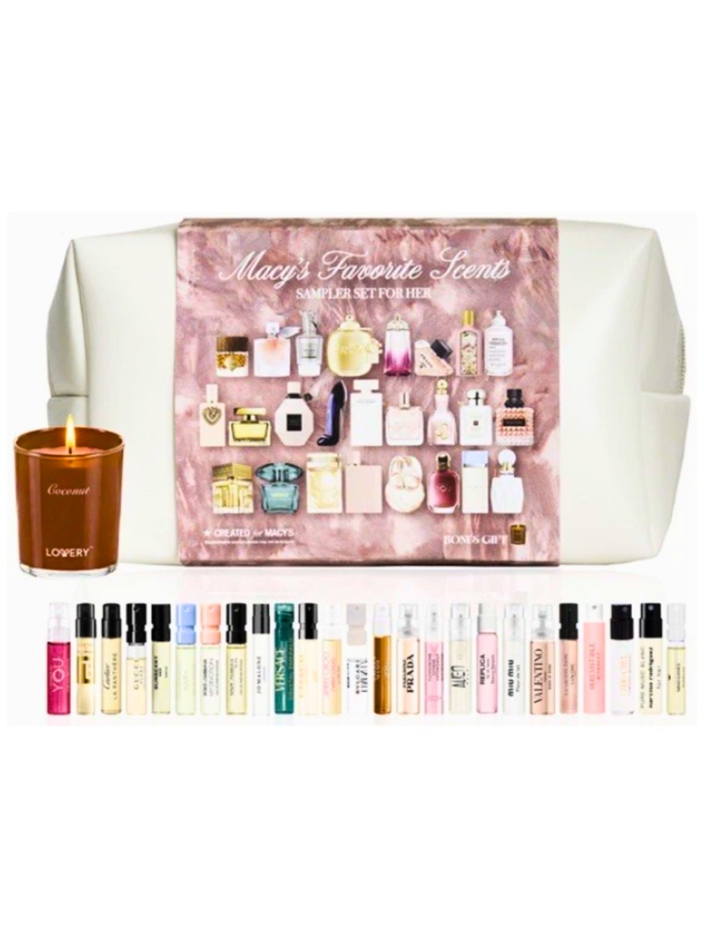 Macy's 26 Pc. Fragrance Sampler Set For Her + Bonus Lovery Candle, Bag & MORE!